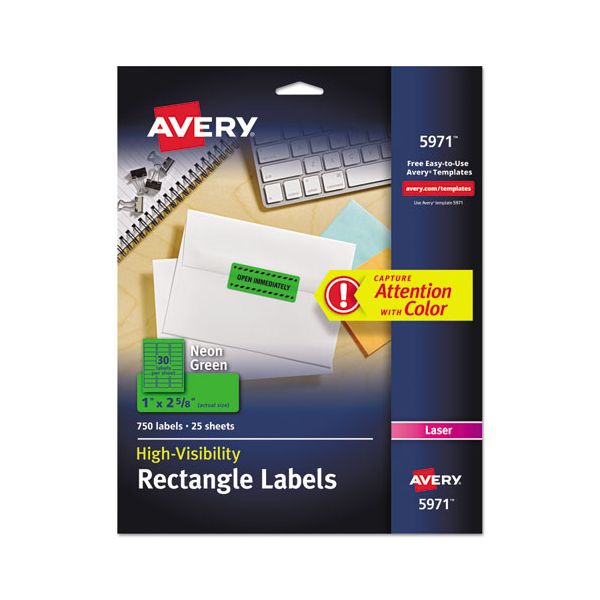 AVE5971 Avery High-Visibility Permanent ID Labels, Laser, 1 x 2 5/8, Neon Green, 750/Pack
