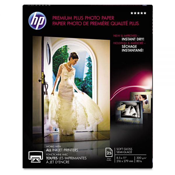 HEWCR671A HP Premium Plus Photo Paper, 80 lbs., Soft-Gloss, 8-1/2 x 11, 25 Sheets/Pack