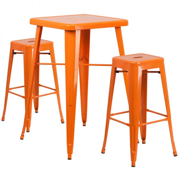FHFCH31330B230SQORGG Flash Furniture 23.75'' Square Orange Metal Indoor-Outdoor Bar Table Set with 2 Square Seat Backless Barstools