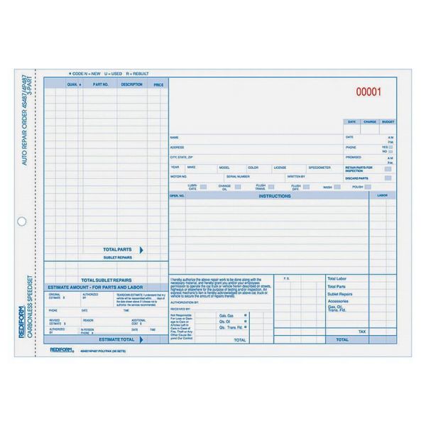 RED4P487 Rediform 3-part Auto Repair Order Forms
