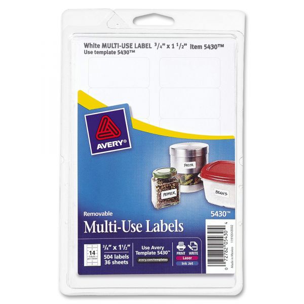 AVE05430 Avery Removable Multi-Use Labels, 3/4 x 1 1/2, White, 504/Pack