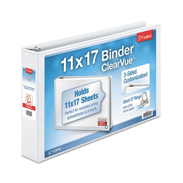 CRD22132 Cardinal 11 x 17 ClearVue 3-Ring View Binder, 2" Capacity, Slant-D Ring, White