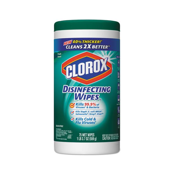 CLO01656 Clorox Disinfecting Wipes, Fresh Scent, 7 x 8, White, 75/Canister, 6 Canisters/Carton