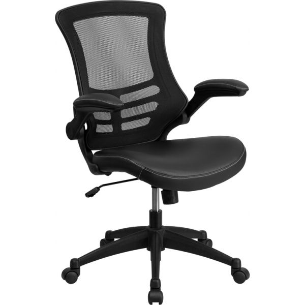 FHFBLX5MLEAGG Flash Furniture Mid-Back Mesh Task Chair with Leather Padded Seat and Flip-Up Arms