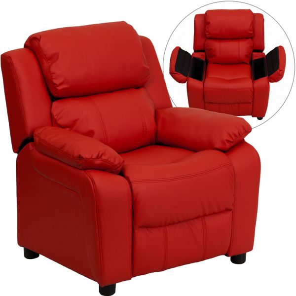 FHFBT7985KIDREDGG Flash Furniture Deluxe Padded Contemporary Red Vinyl Kids Recliner with Storage Arms