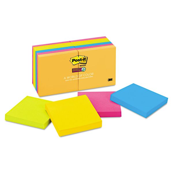 MMM65412SSUC Post-it Notes Super Sticky Pads in Rio de Janeiro Colors, 3 x 3, 90-Sheet, 12/Pack