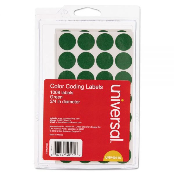 UNV40115 Universal Self-Adhesive Removable Color-Coding Labels, 3/4" dia, Green, 1008/Pack