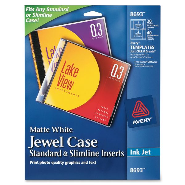 AVE8693 Avery Inkjet CD/DVD Jewel Case Inserts, Matte White, 20/Pack
