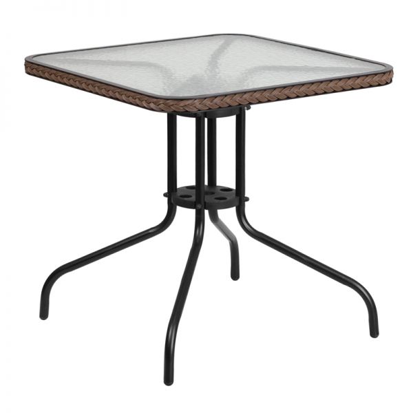 FHFTLH073RDKBNGG Flash Furniture 28'' Square Tempered Glass Metal Table with Dark Brown Rattan Edging