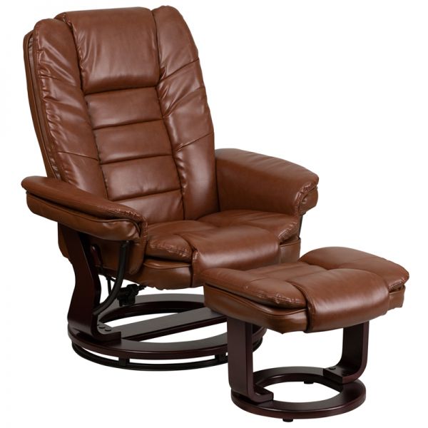 FHFBT7818VINGG Flash Furniture Contemporary Brown Vintage Leather Recliner and Ottoman with Swiveling Mahogany Wood Base