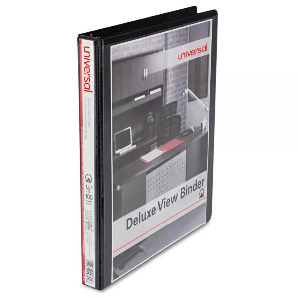 UNV20701 Universal Deluxe 3-Ring View Binder, 1/2" Capacity, Round Ring, Black