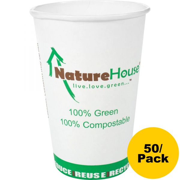 SVAC012 NatureHouse Compostable Live-Green Art Hot Cups, 12oz, White, 50/Pack
