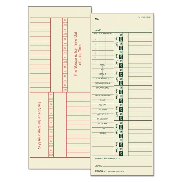 TOP1257 TOPS Time Card for Acroprint/Simplex, Weekly, Two-Sided, 3 1/2 x 9, 500/Box