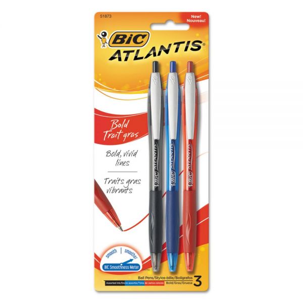 BICVCGBP31AST BIC Atlantis Bold Retractable Ball Pen, Assorted Ink, 3/Pack