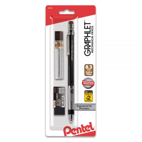 Pentel Graphlet Mechanical Pencil, 0.3mm with Lead and Small Black Block Eraser (PG503LEBP)