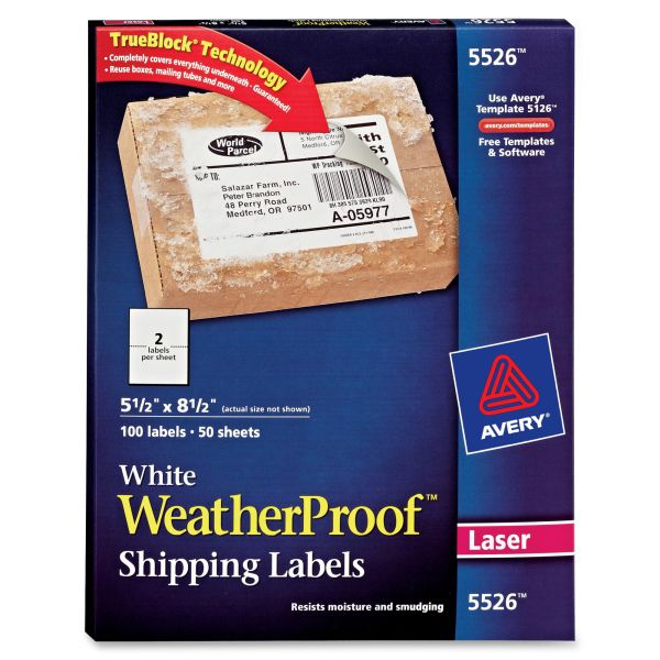 AVE5526 Avery WeatherProof Shipping Labels w/TrueBlock, Laser, White, 5 1/2 x 8 1/2, 100/Pack