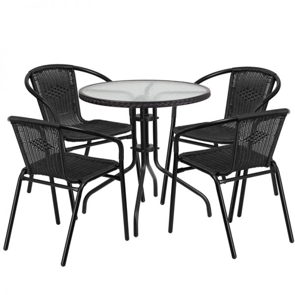 FHFTLH087RD037BK4GG Flash Furniture 28'' Round Glass Metal Table with Black Rattan Edging and 4 Black Rattan Stack Chairs