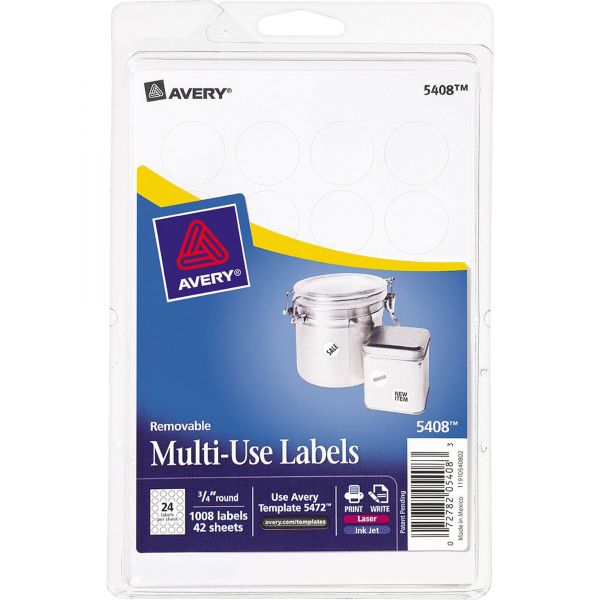 AVE05408 Avery Removable Multi-Use Labels, 3/4" dia, White, 1008/Pack