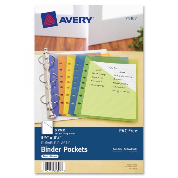 AVE75307 Avery Small Binder Pockets, Standard, 7-Hole Punched, Assorted, 5 1/2 x 9 1/4, 5/Pack