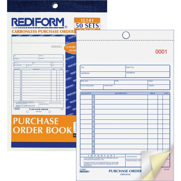 RED1L141 Rediform Purchase Order Book, Bottom Punch, 5 1/2 x 7 7/8, 3-Part Carbonless, 50 Forms