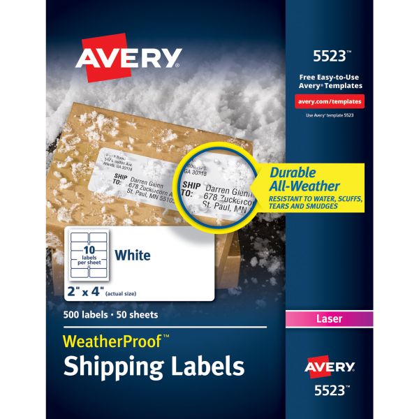 AVE5523 Avery WeatherProof Shipping Labels w/TrueBlock, Laser, White, 2 x 4, 500/Pack