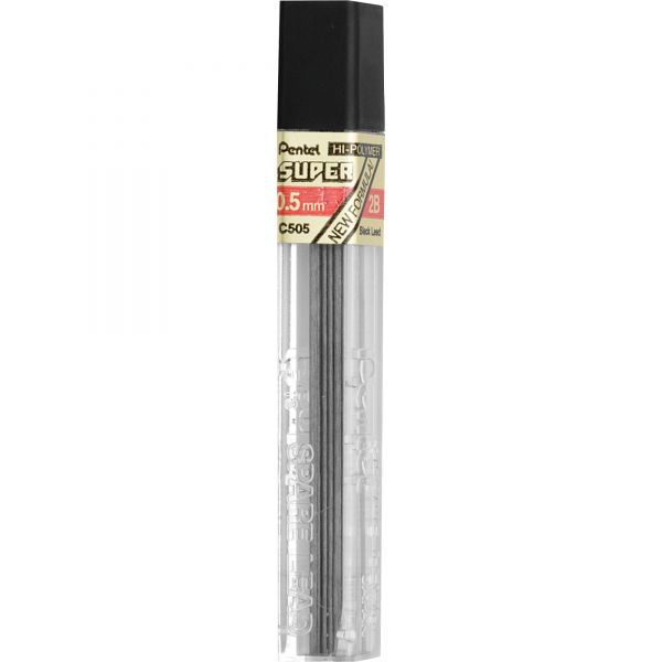 PENC5052H Pentel Super Hi-Polymer Lead Refills, 0.5mm, 2H, Black, 12 Leads/Tube