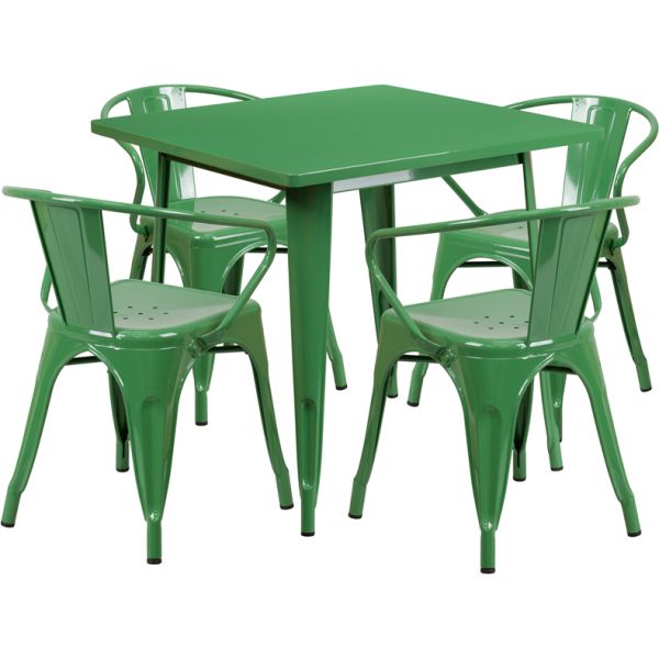 FHFETCT002470GNGG Flash Furniture 31.5'' Square Green Metal Indoor-Outdoor Table Set with 4 Arm Chairs