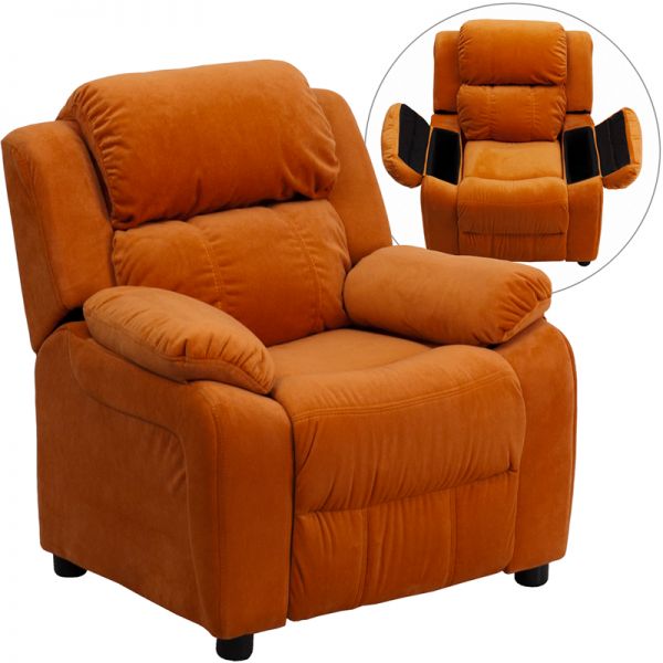 FHFBT7985KIDMICORGGG Flash Furniture Deluxe Padded Contemporary Orange Microfiber Kids Recliner with Storage Arms