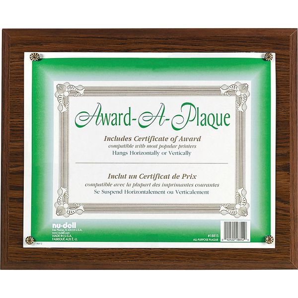 NUD18811M NuDell Award-A-Plaque Document Holder, Acrylic/Plastic, 10-1/2 x 13, Walnut