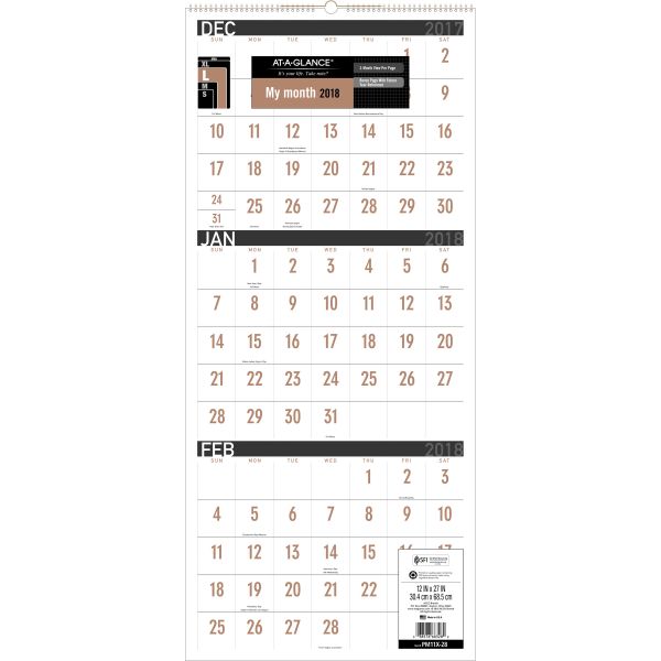 AAGPM11X28 AT-A-GLANCE Contemporary Three-Monthly Reference Wall Calendar, 12 x 27, 2017-2019