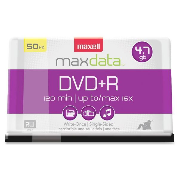 MAX639013 Maxell DVD+R Discs, 4.7GB, 16x, Spindle, Silver, 50/Pack