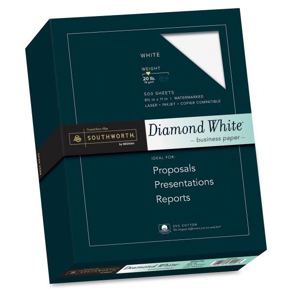 SOU3122010 Southworth 25% Cotton Diamond White Business Paper, 20lb, 95 Bright, 8 1/2 x 11, 500 Sheets