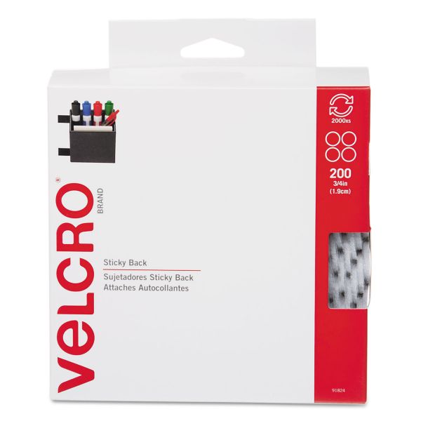 VEK91824 Velcro Sticky-Back® Fasteners, 3/4" dia. Coins, White, 200/BX