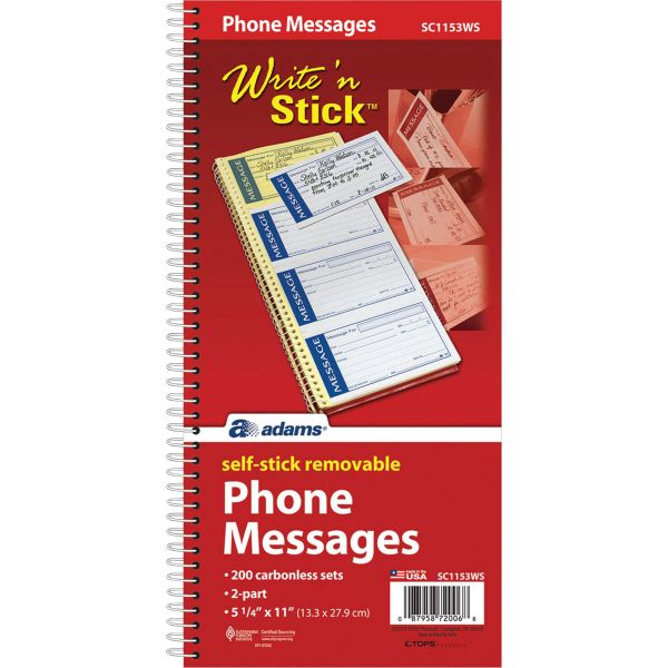 ABFSC1153WS Adams Write 'n Stick Phone Message Pad, 2 3/4 x 4 3/4, Two-Part Carbonless, 200 Forms