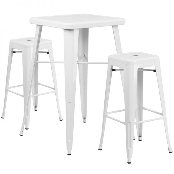 FHFCH31330B230SQWHGG Flash Furniture 23.75'' Square White Metal Indoor-Outdoor Bar Table Set with 2 Square Seat Backless Barstools