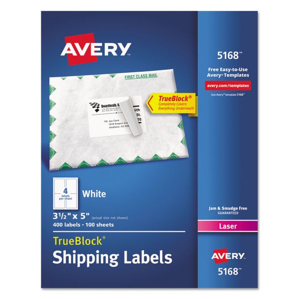 AVE5168 Avery Shipping Labels with TrueBlock Technology, Laser, 3 1/2 x 5, White, 400/Box