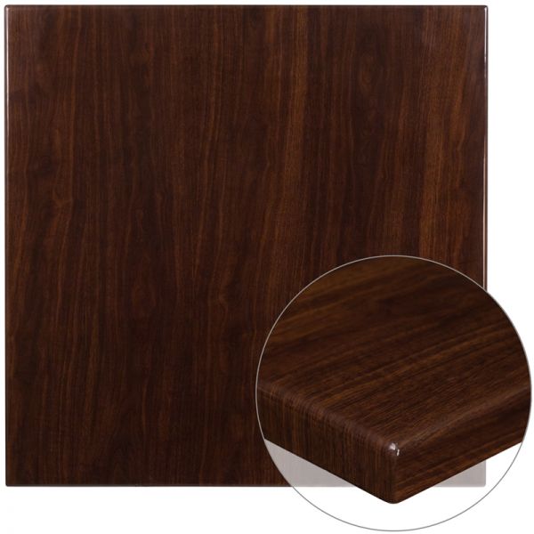 FHFTPWAL3636GG Flash Furniture 36'' Square High-Gloss Walnut Resin Table Top with 2'' Thick Drop-Lip
