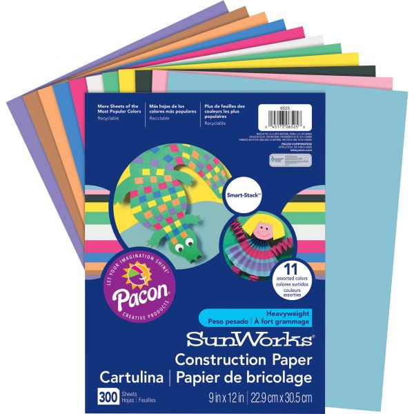 PAC6525 SunWorks Construction Paper Smart-Stack, 58 lbs., 9 x 12, Assorted, 300 Sheets/Pack