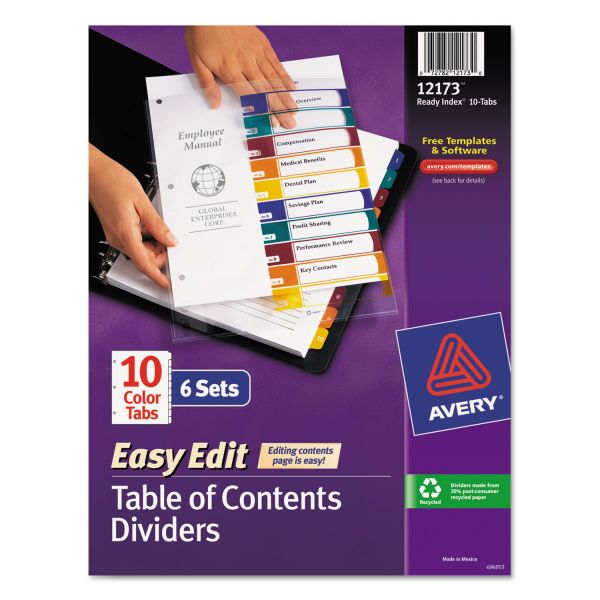 AVE12173 Avery Ready Index Customizable Table of Contents Dividers, 10-Tab, Multi-color Tab, Letter, 6 Sets