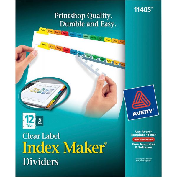 AVE11405 Avery Print & Apply Clear Label Dividers, 12-Tab, Multi-color Tab, Letter, 5 Sets