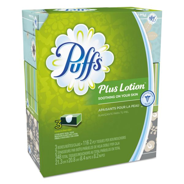 PGC82086CT Puffs Plus Lotion Facial Tissue, White, 2-Ply, 116/Box, 3 Boxes/Pack, 8 Packs/Carton