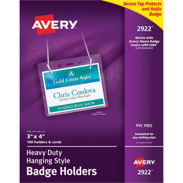 AVE2922 Avery Secure Top Hanging-Style Badge Holders, Horizontal, 4w x 3h, Clear, 100/Box