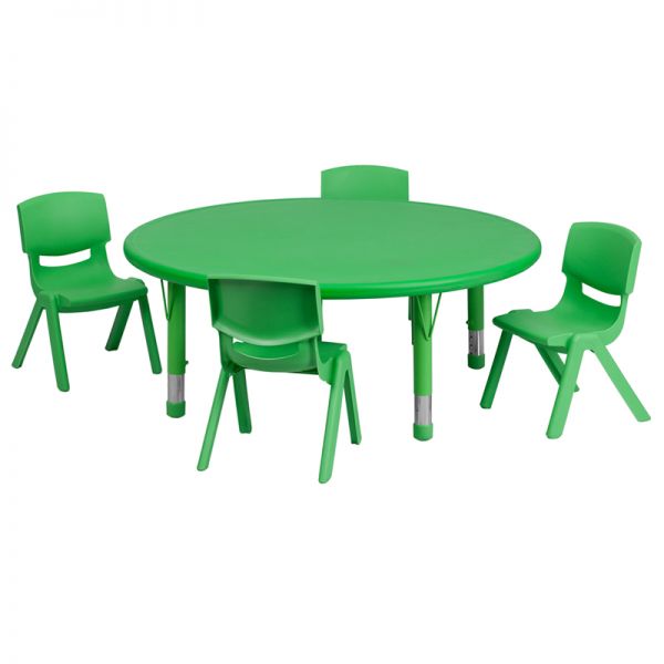 FHFYUYCX00532ROUNDTBLGREENEGG Flash Furniture 45'' Round Adjustable Green Plastic Activity Table Set with 4 School Stack Chairs