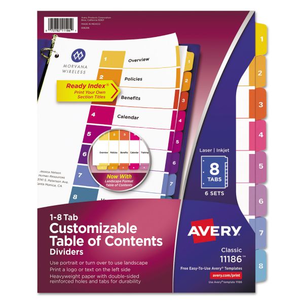 AVE11186 Avery Ready Index Customizable Table of Contents, Asst Dividers, 8-Tab, Ltr, 6 Sets