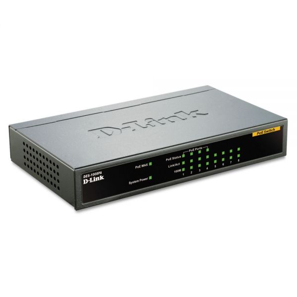 DLIDES1008PA D-Link 8-Port Fast Ethernet Desktop Switch, 4 PoE Ports, Unmanaged