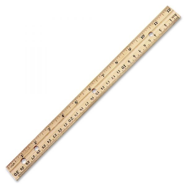LEO77120 Charles Leonard Beveled Wood Ruler w/Single Metal Edge, 3-Hole Punched, 12", Natural, 36/Box