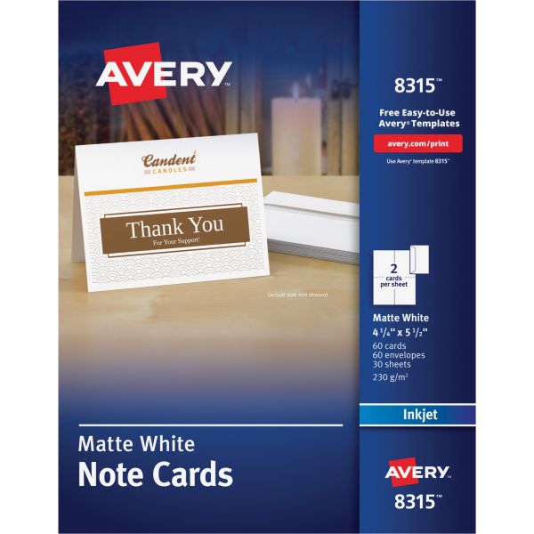 AVE8315 Avery Note Cards for Inkjet Printers, 4 1/4 x 5 1/2, Matte White, 60/Pack w/Envelopes