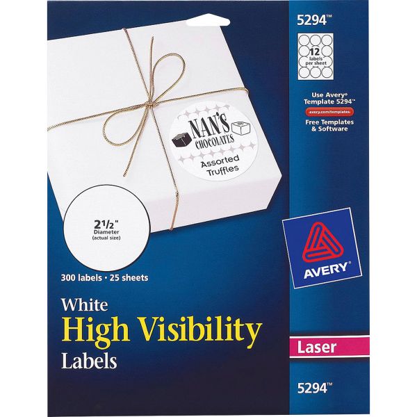 AVE5294 Avery High-Visibility Round Permanent ID Labels, Laser, 2 1/2 dia, White, 300/Pack
