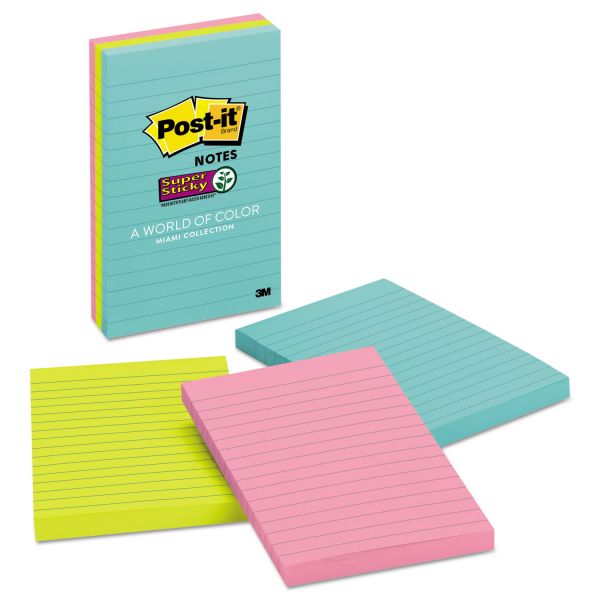 MMM6603SSMIA Post-it Notes Super Sticky Pads in Miami Colors, 4 x 6, 90/Pad, 3 Pads/Pack