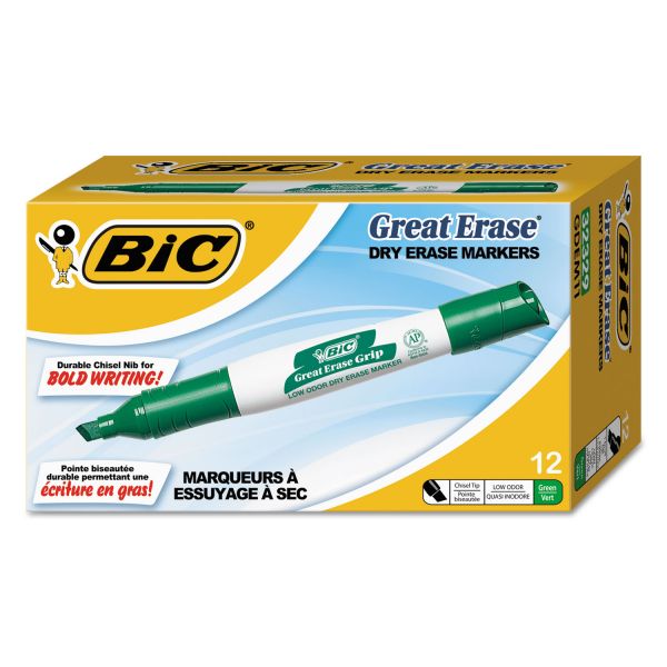 BICGDEM11GN BIC Great Erase Grip Chisel Tip Dry Erase Marker, Green, Dozen